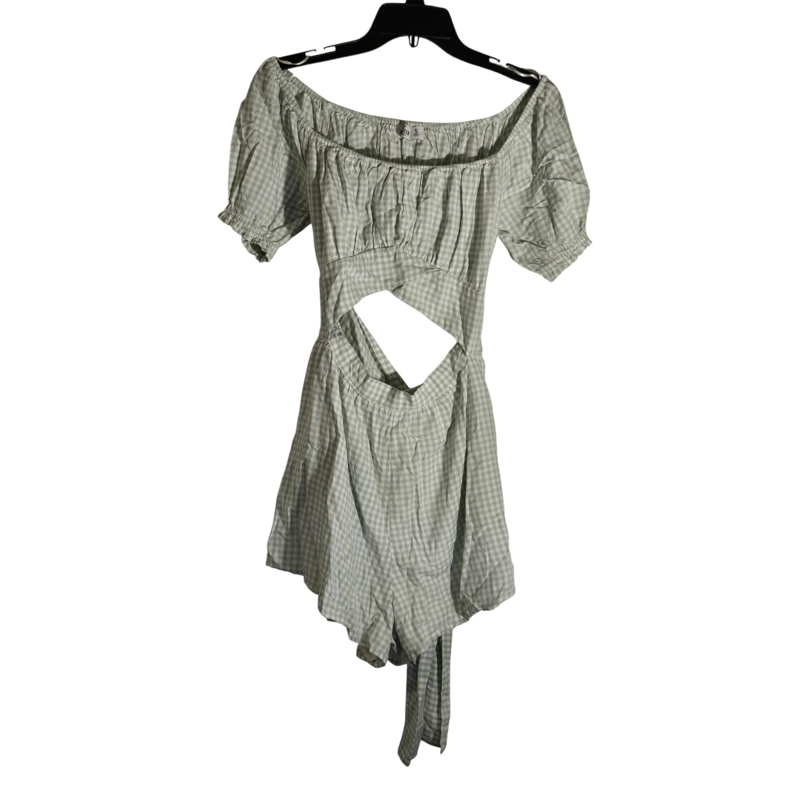 Hollister Gingham Cutout Romper Sage Green White Tie Back Puff Sleeve Womens S